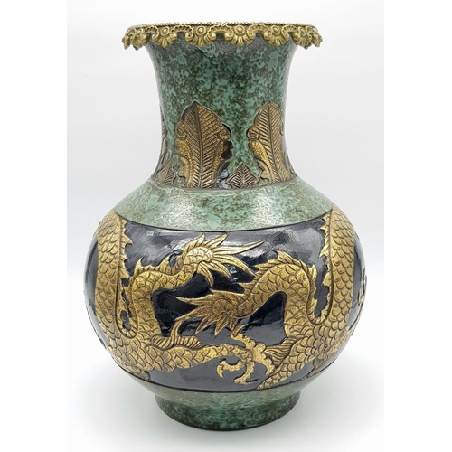 64 - A Rare Exquisite Early 19th Century Chinese Temple Zun Vase. Raised bronze textured Dragons on black... 