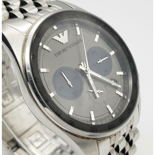 780 - An Emporio Armani Quartz Gents Watch. Stainless steel bracelet and case - 42mm. Grey dial with three... 