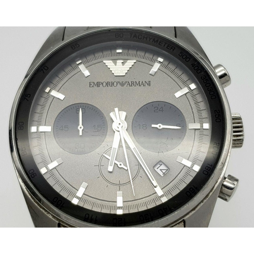 780 - An Emporio Armani Quartz Gents Watch. Stainless steel bracelet and case - 42mm. Grey dial with three... 