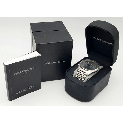 780 - An Emporio Armani Quartz Gents Watch. Stainless steel bracelet and case - 42mm. Grey dial with three... 