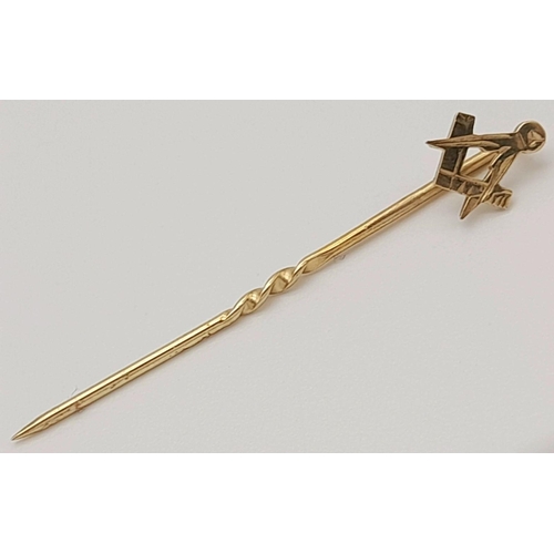 1004 - A 9K Yellow Gold Masonic Symbol Stick Pin. 4cm. 0.5g