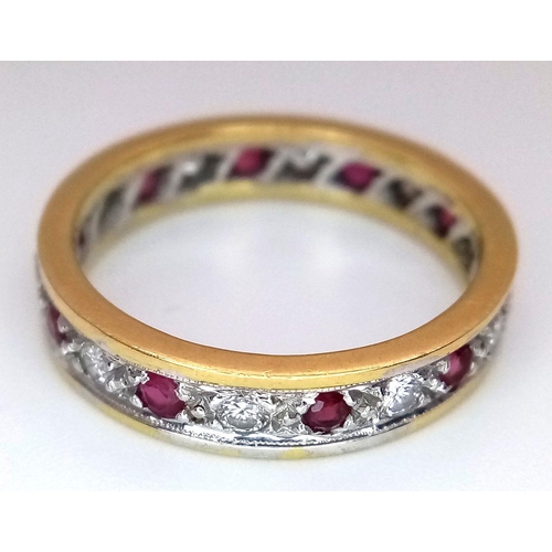 102 - A 18K Yellow Gold (tested as) Diamond and Ruby Full Eternity Band Ring, 0.10ct diamond weight, 0.10c... 