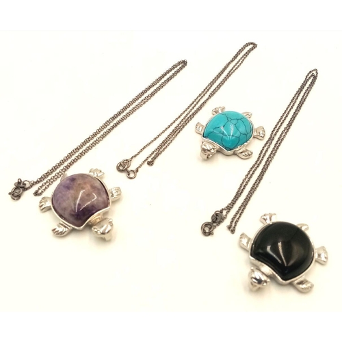 1183 - Three Stone Set Turtle Pendants on Three 925 Silver Disappearing Necklaces.