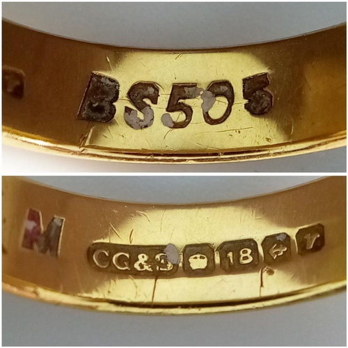 31 - An 18K Yellow Gold Band Ring. Full UK hallmarks. 5mm width. Size L1/2. 3.7g.