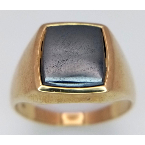 320 - A 9K yellow gold gents signet ring set with hematite, size U 1/2 (stone dimensions:10mmX11mm) 5.7g. ... 