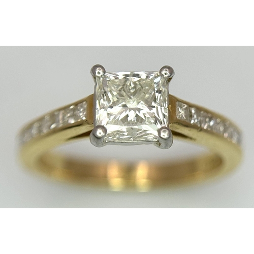 34 - A 18K Yellow Gold Princess Cut Diamond Ring with Diamond Set Shoulders & E.D.R Certification, 1.01ct... 