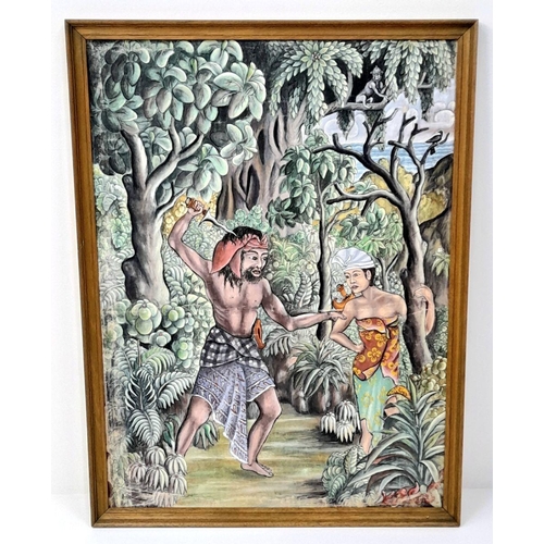 345 - A Large Vintage Indonesian Tribal Painting Scene on Textile. Signed by the artist. Incredibly vibran... 