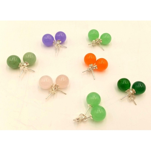 428 - Seven Pairs of Different Colour Jade Ball Stud Earrings. Set in 925 Silver.