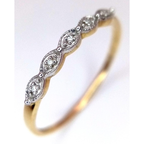 607 - A 9K Yellow Gold Diamond 5 Stone Ring, 0.03ct diamond weight, 1.1g total weight, size T. Ref: SH1671... 