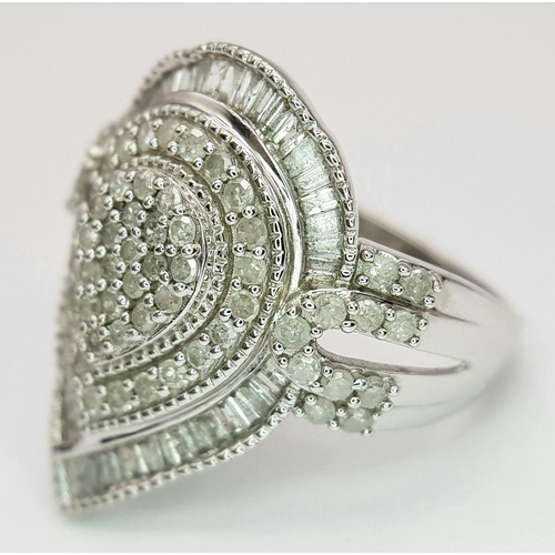 627 - A Stunning Sterling Silver, Art Deco Design, Diamond Set Statement Cluster Ring Size Q. The Crown Me... 