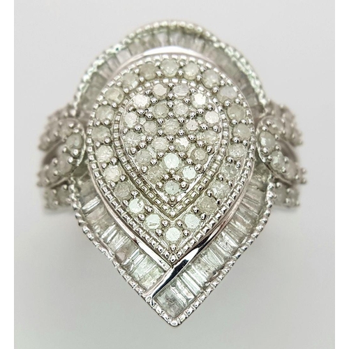 627 - A Stunning Sterling Silver, Art Deco Design, Diamond Set Statement Cluster Ring Size Q. The Crown Me... 