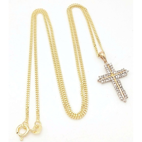 695 - A Yellow Gold Gilt Sterling Silver Diamond Set Cross Pendant Necklace. 46cm Length. Pendant Measures... 