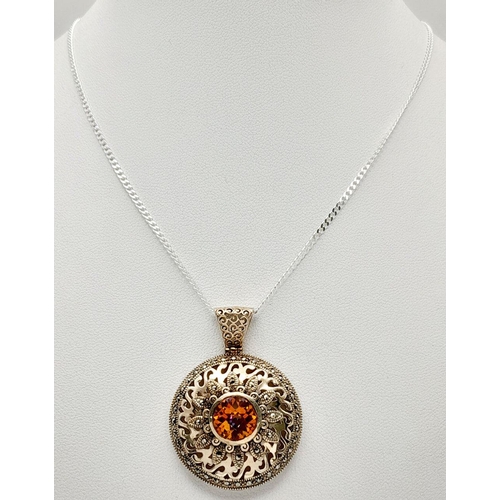 775 - A Sterling Silver Citrine and Marcasite Set Filigree Pendant Necklace. 46cm Length Sterling Silver C... 