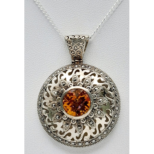 775 - A Sterling Silver Citrine and Marcasite Set Filigree Pendant Necklace. 46cm Length Sterling Silver C... 