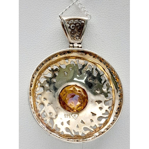 775 - A Sterling Silver Citrine and Marcasite Set Filigree Pendant Necklace. 46cm Length Sterling Silver C... 