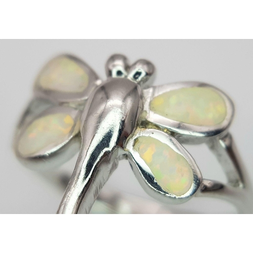 796 - A Sterling Silver Opal Set Dragon Fly Design Ring Size N. The Ring Measures 1.9cm Wide at the crown ... 