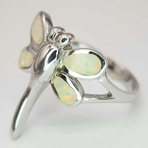 796 - A Sterling Silver Opal Set Dragon Fly Design Ring Size N. The Ring Measures 1.9cm Wide at the crown ... 