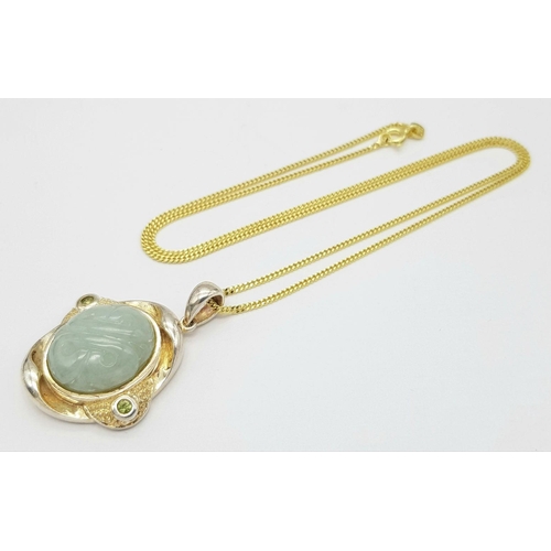 859 - A Vintage Silver and Gilt Carved Jadeite and Peridot Set Pendant Necklace. 46cm Length Sterling Silv... 