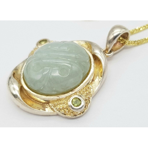 859 - A Vintage Silver and Gilt Carved Jadeite and Peridot Set Pendant Necklace. 46cm Length Sterling Silv... 