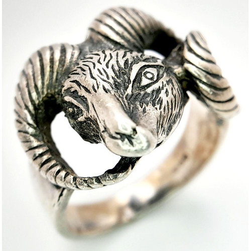 915 - Vintage Hallmarked 1986 Silver Rams Head Ring Size O. The Ring Measures 2cm Wide at the Crown and We... 