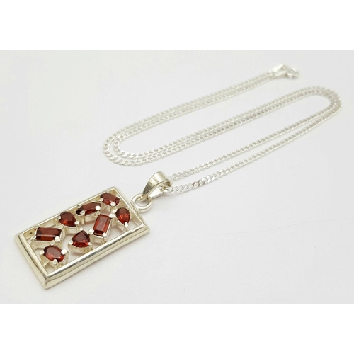 985 - A Modernist Design Sterling Silver and Garnet Set Pendant Necklace, 46cm Length. Pendant Measures 3.... 