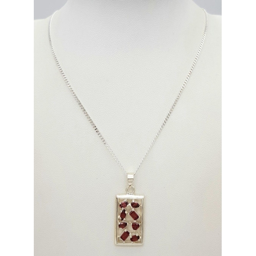 985 - A Modernist Design Sterling Silver and Garnet Set Pendant Necklace, 46cm Length. Pendant Measures 3.... 