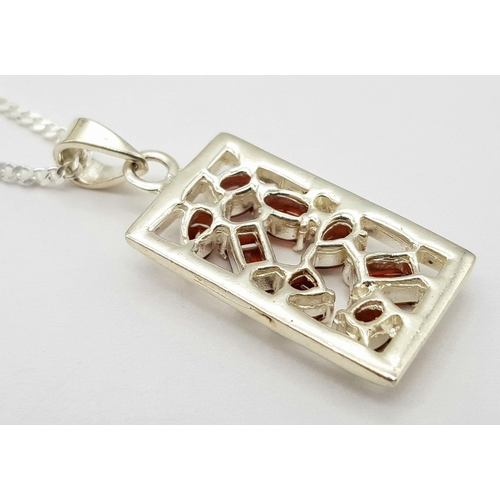 985 - A Modernist Design Sterling Silver and Garnet Set Pendant Necklace, 46cm Length. Pendant Measures 3.... 