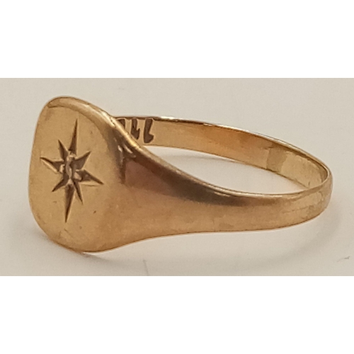 1005 - A Vintage 9K Gold Gypsy Set Diamond Signet Ring. Size P 1/2. 1.6g total weight.