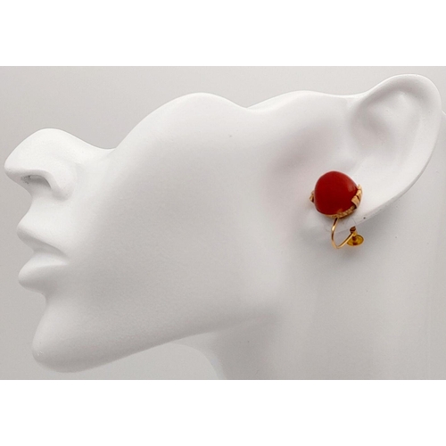 218 - A Pair of Antique 9K Gold and Red Coral Domed Earrings.
Beautifully constructed with screw clasps. 9... 