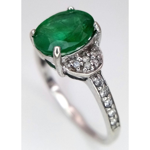 327 - A 9K WHITE GOLD DIAMOND & EMERALD RING 2.22G SIZE N. Ref: A/S 1161