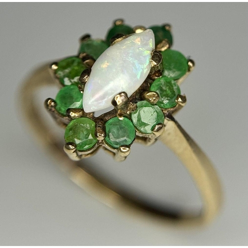 551 - A 9K YELLOW GOLD OPAL & EMERALD CLUSTER RING 2.14G SIZE N. Ref: A/S 1080 - 1