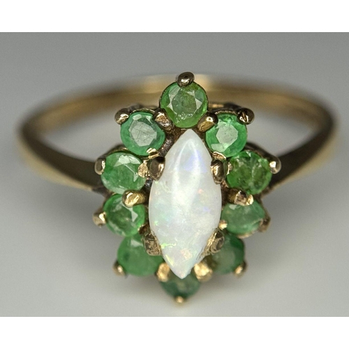 551 - A 9K YELLOW GOLD OPAL & EMERALD CLUSTER RING 2.14G SIZE N. Ref: A/S 1080 - 1