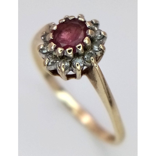 684 - A 9K YELLOW GOLD DIAMOND & RUBY CLUSTER RING 1.5G SIZE N. Ref: SC 4018