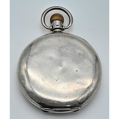 107 - An Antique Sterling Silver Omega Half-Hunter Pocket Watch. Top winder. 52mm diameter. White dial wit... 