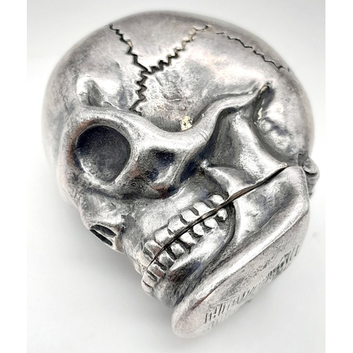 114 - A Vintage Repro Sterling Silver Skull Vesta Case. Brilliant design with open jaw compartment! 46.5g.... 