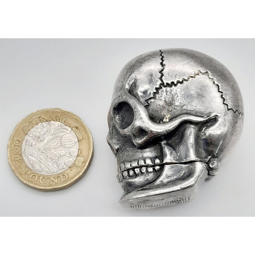 114 - A Vintage Repro Sterling Silver Skull Vesta Case. Brilliant design with open jaw compartment! 46.5g.... 