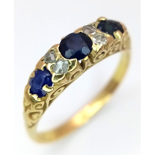 130 - A 18K YELLOW GOLD VINTAGE OLD CUT DIAMOND & SAPPHIRE RING. TOTAL WEIGHT 4G. SIZE Q AND 1/2. Ref: SC ... 