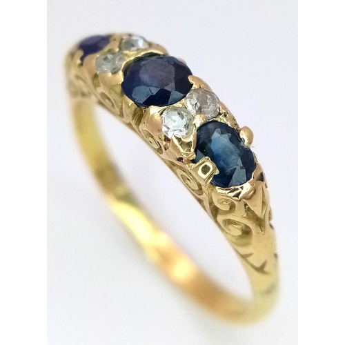 130 - A 18K YELLOW GOLD VINTAGE OLD CUT DIAMOND & SAPPHIRE RING. TOTAL WEIGHT 4G. SIZE Q AND 1/2. Ref: SC ... 