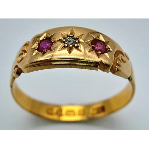 158 - A 18K YELLOW GOLD ANTIQUE DIAMOND & RUBY RING. TOTAL WEIGHT 3.5G. SIZE R AND 1/2. HALLMARKED CHESTER... 