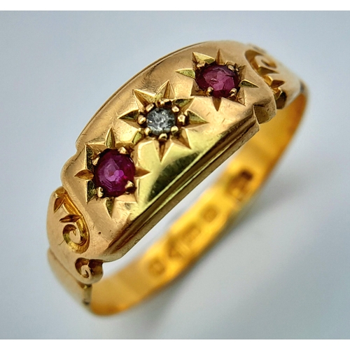 158 - A 18K YELLOW GOLD ANTIQUE DIAMOND & RUBY RING. TOTAL WEIGHT 3.5G. SIZE R AND 1/2. HALLMARKED CHESTER... 