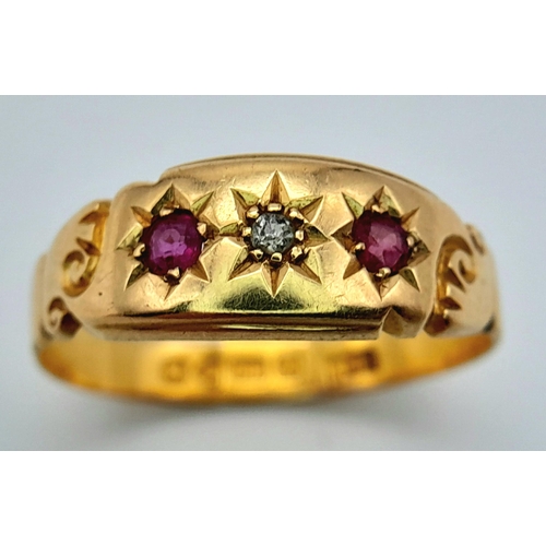 158 - A 18K YELLOW GOLD ANTIQUE DIAMOND & RUBY RING. TOTAL WEIGHT 3.5G. SIZE R AND 1/2. HALLMARKED CHESTER... 