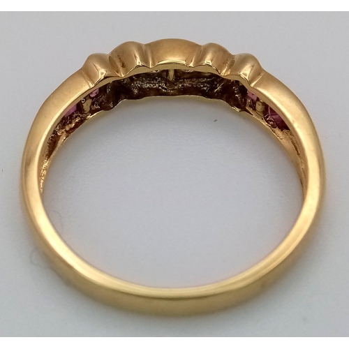 165 - A 18K YELLOW GOLD DIAMOND & RUBY BAND RING. TOTAL WEIGHT 3.2G. SIZE N. Ref: SC 4082