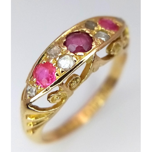 186 - A 18K YELLOW GOLD ANTIQUE DIAMOND & RUBY RING. TOTAL WEIGHT 2.8G. SIZE K. HALLMARKED BIRMINGHAM 1913... 