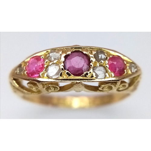 186 - A 18K YELLOW GOLD ANTIQUE DIAMOND & RUBY RING. TOTAL WEIGHT 2.8G. SIZE K. HALLMARKED BIRMINGHAM 1913... 