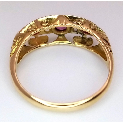 186 - A 18K YELLOW GOLD ANTIQUE DIAMOND & RUBY RING. TOTAL WEIGHT 2.8G. SIZE K. HALLMARKED BIRMINGHAM 1913... 