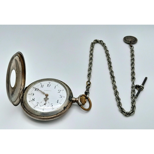 234 - A Wonderful Antique Saxonia 800 Silver Half-Hunter Pocket Watch - With Chain, T-bar and Coin Fob. To... 