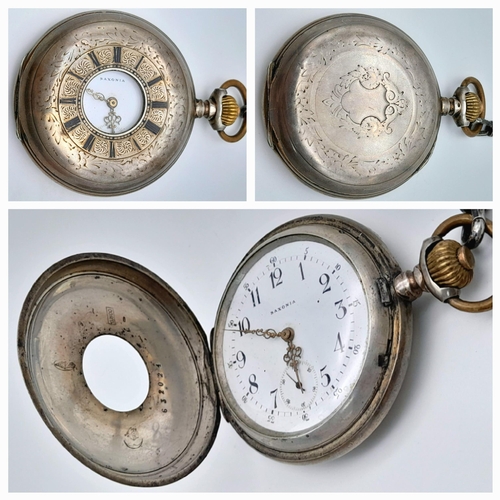 234 - A Wonderful Antique Saxonia 800 Silver Half-Hunter Pocket Watch - With Chain, T-bar and Coin Fob. To... 