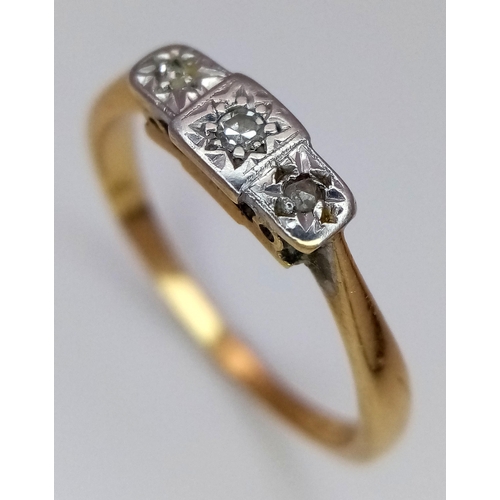 264 - A 18K YELLOW GOLD & PLATINUM VINTAGE OLD CUT DIAMOND RING. TOTAL WEIGHT 2.2G. SIZE M. Ref: SC 4065