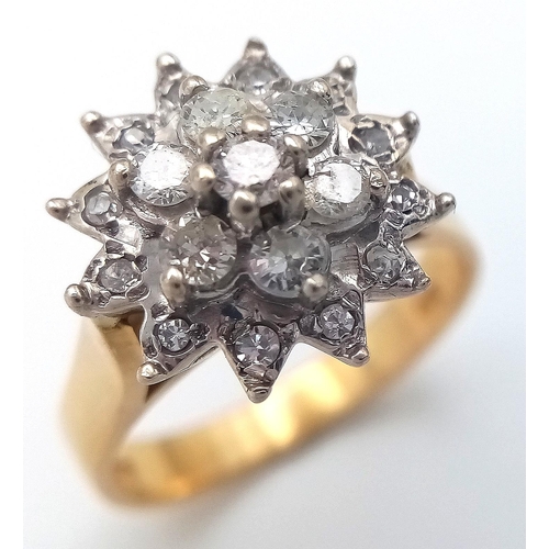 27 - A 18K YELLOW GOLD DIAMOND CLUSTER RING. 0.35CT. TOTAL WEIGHT 6G. SIZE M. Ref: SC 4085