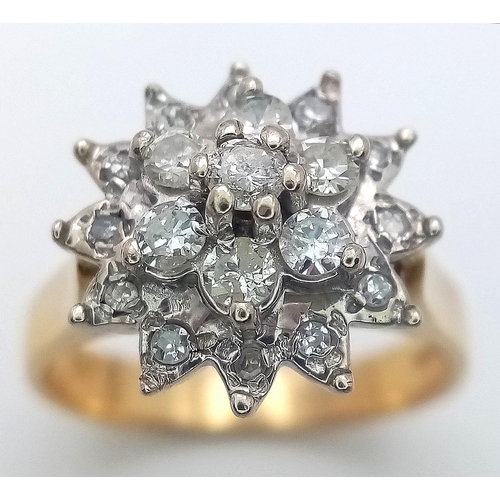 27 - A 18K YELLOW GOLD DIAMOND CLUSTER RING. 0.35CT. TOTAL WEIGHT 6G. SIZE M. Ref: SC 4085